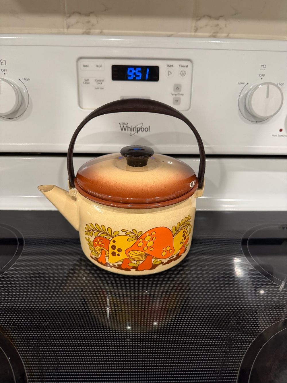 Vintage-Style Cream and Brown Mushroom Kettle with Orange Accent
